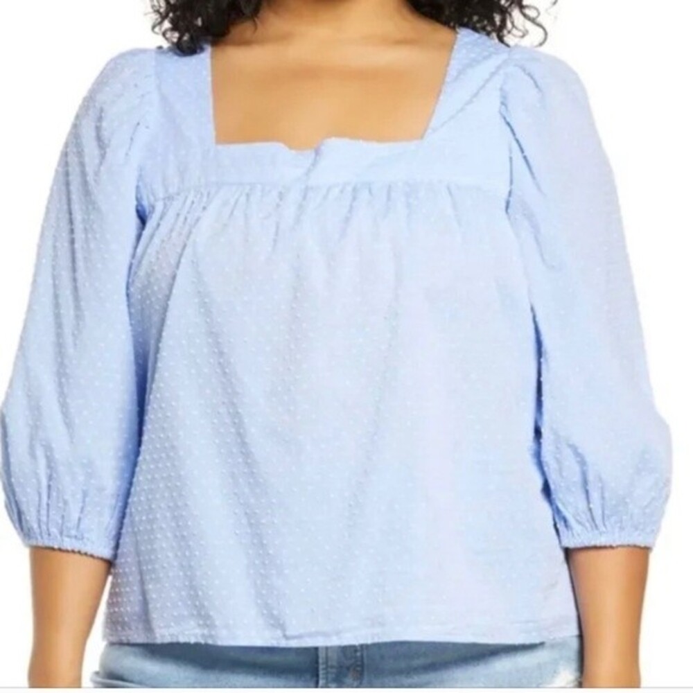 Caslon 3/4 Sleeve Square Neck Chambray Popover Blue Dot Stripe Blouse SZ L